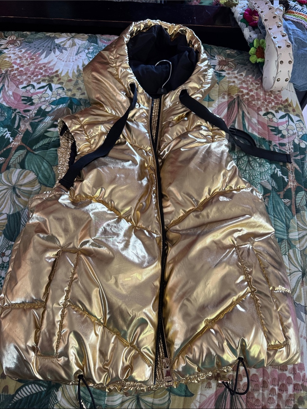 Metallic Gold Hooded Puffer Vest